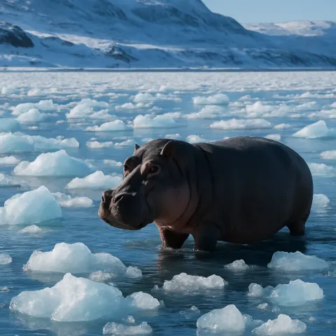 Solitary Hippopotamus Strides Through Icy Waters