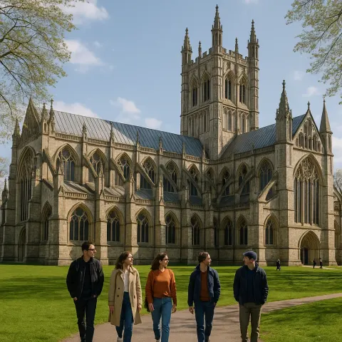 Group of People Walking near a Historic Gothic-style Cathedral