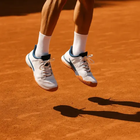 Tennis Player's Legs and Shoes Mid-jump on a Clay Court