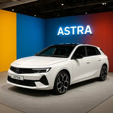 White Opel Astra Is Displayed at an Auto Show