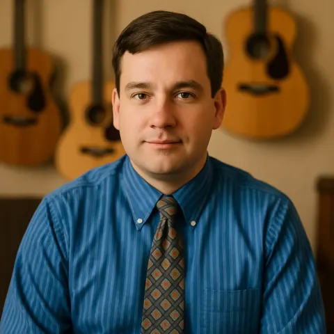 Person Wearing a Blue Striped Shirt and Patterned Tie
