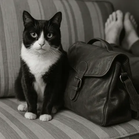 Black and White Cat Sitting on a Striped Couch