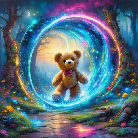 Teddy Bear Rides a Neon Portal to Wonderland
