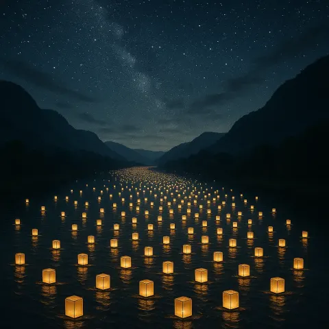 Vast Flotilla of Innumerable Tiny Paper Lanterns Drifts Slowly