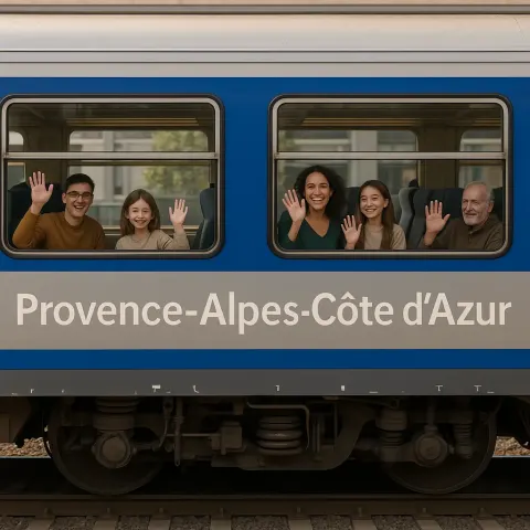 Train Car Labeled "Provence-Alpes-Côte D'Azur" with Passengers Visible