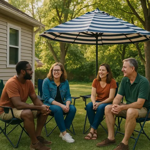 Backyard Gathering Featuring People Sitting on Folding Chairs