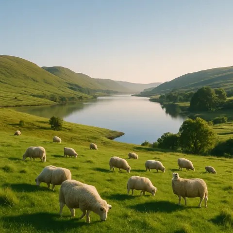 Serene Rural Landscape with Grazing Sheep on Grassy Hills Surrounding
