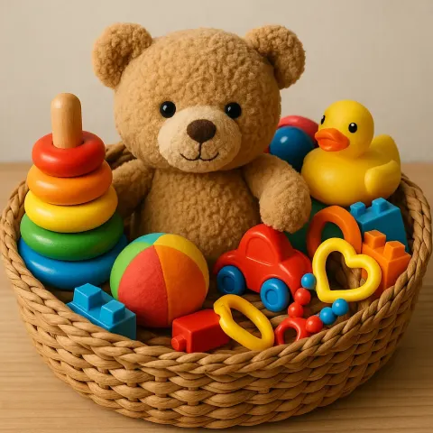 Woven Basket Brimming with a Variety of Colorful Items