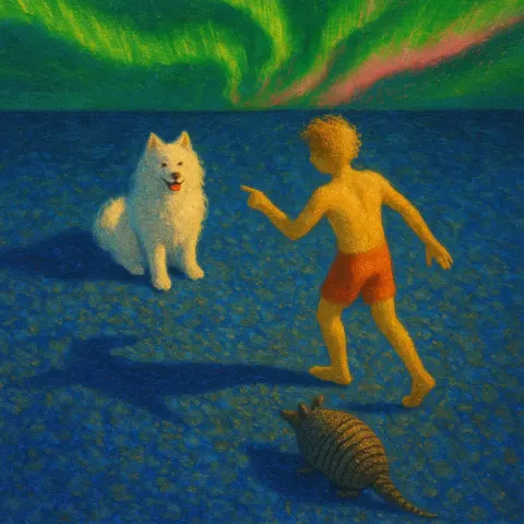 Dreamlike Figure in Vermilion Shorts Gestures