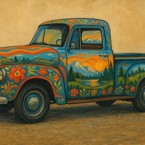Classic Pickup Truck Decorated with Vibrant Motifs and Painted Scenes