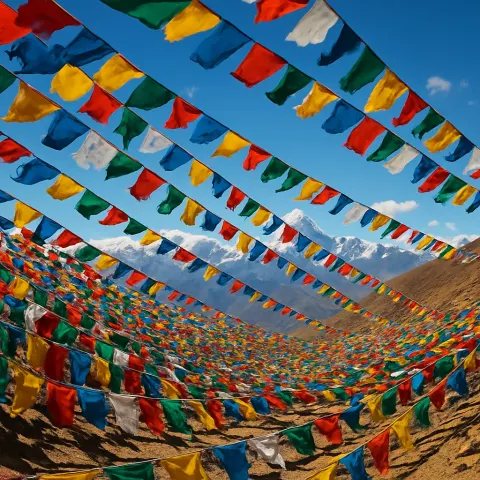 Hundreds of Colorful Prayer Flags Flutter Intensely on Long Strings