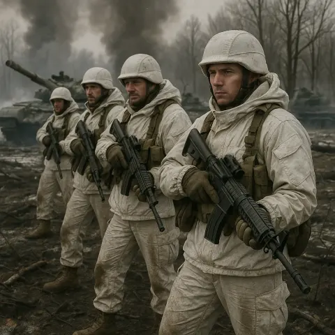 Soldiers in Winter Gear Holding Rifles in a Battlefield