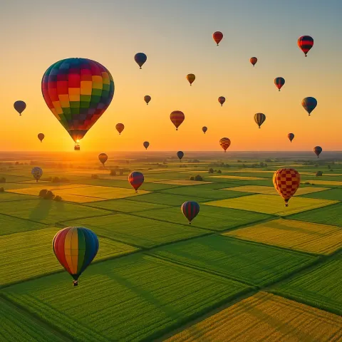 Numerous Colorful Hot Air Balloons Drift Serenely