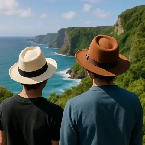 Two People Wearing Hats Standing in Front of a Scenic