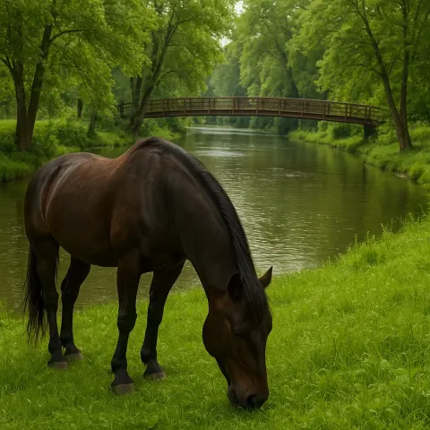 Dark Brown Horse Grazes on Lush Green Grass
