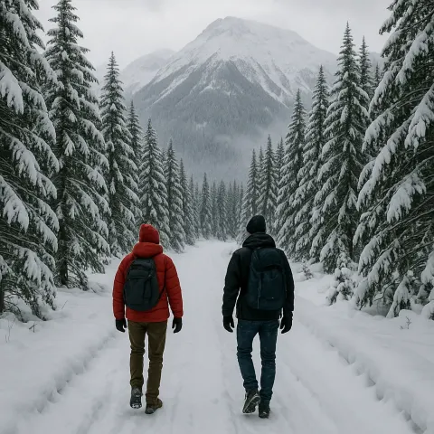 Two People Walking on a Snowy Path Surrounded by Snow-covered