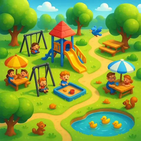 Dynamic Park Scene Rendered in a Vivid 3D Cartoon Style