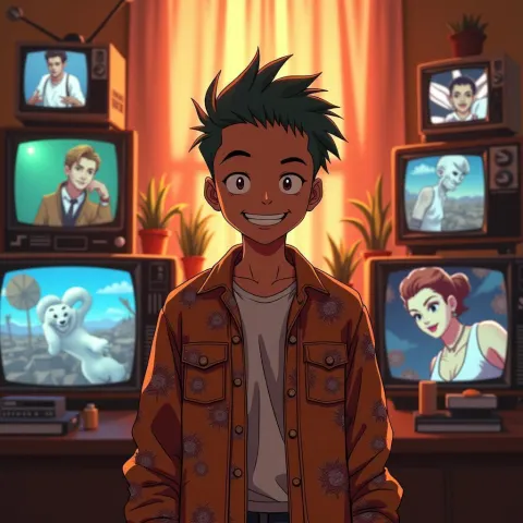 J Balvin Smiling Among Vintage Anime Televisions