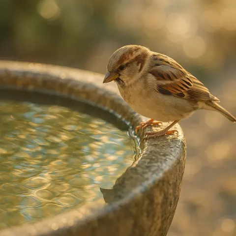 Sparrow Sits near the Rim of a Shimmering Water Basin