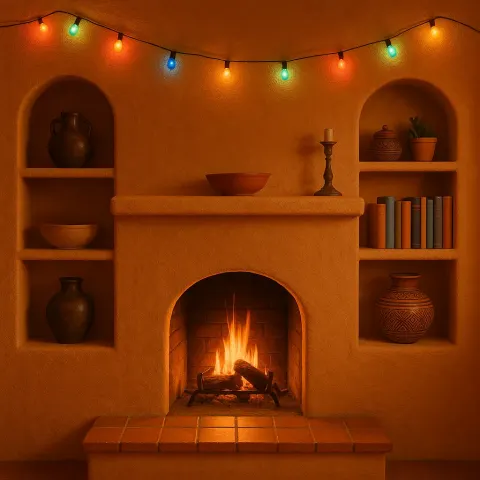Cozy Orange Stucco Fireplace with Built-in Shelves