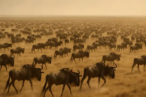 Vast Herd of Wildebeest Migrates Across an Endless