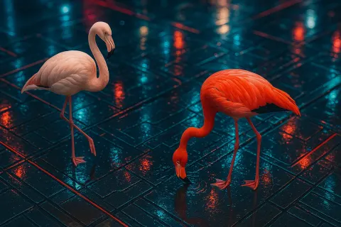 Two Distinct Flamingos—one a Pale Rose Form Poised Gracefully