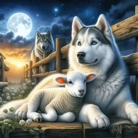 Husky and Lamb Under Full Moon at Sunset