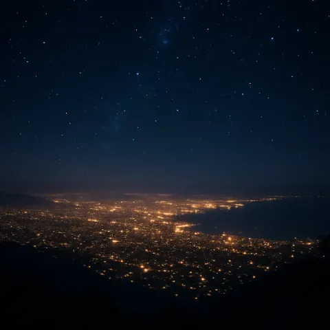 Innumerable Tiny Lights of a Sprawling Coastal City Glitter