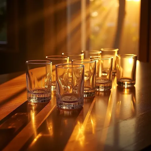 Glasses Catching Shadows in Golden Hour Stillness