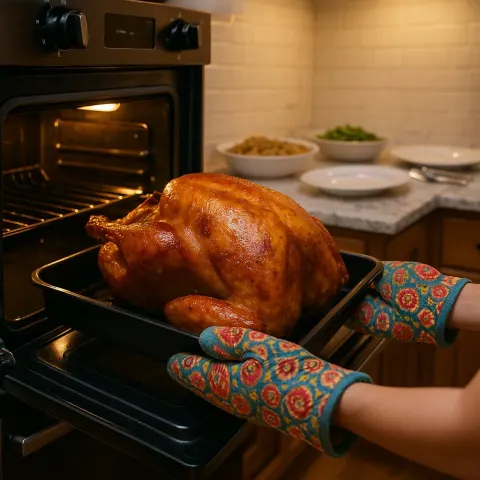 Perfectly Golden-brown Roasted Turkey Is Being Thoughtfully Taken
