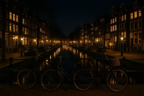Nighttime Canal Scene in Amsterdam with Bicycles Parked Along