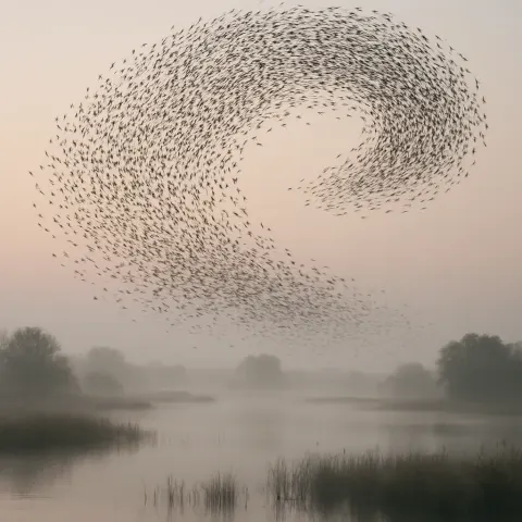 Vast Flock of Migratory Birds Creates a Swirling Pattern