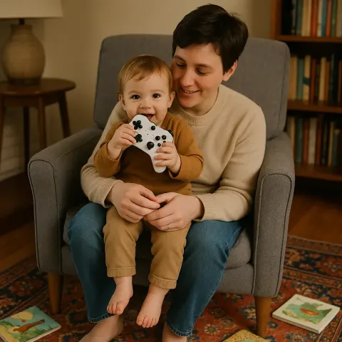 Adult Sits Comfortably in a Gray Armchair