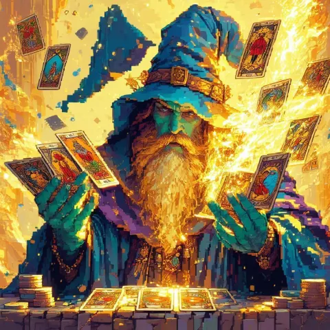 Pixel Wizard Shuffling Tarot in Golden Glow