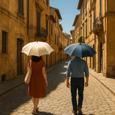 Two People Walking on a Cobblestone Street Holding Umbrellas