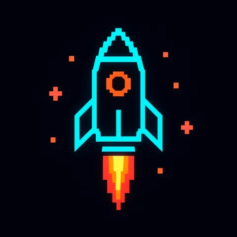 Sleek 8-bit Pixel Logo Featuring a Neon-lit Rocket