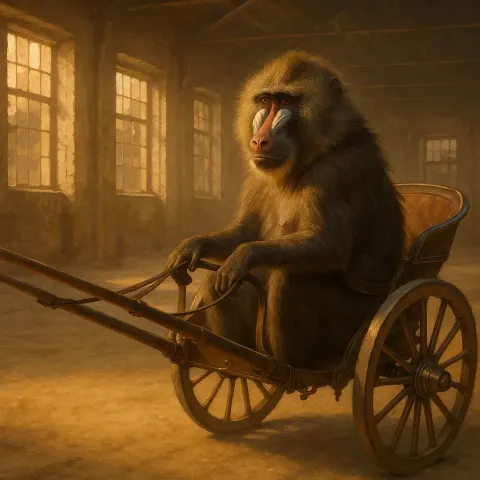 Baboon with a Brass and Wood Horse Cart