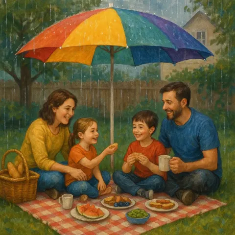 Family Gathered in their Backyard for a Picnic