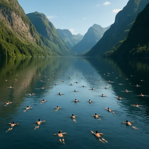 Dozens of Tiny Figures Swim Across a Vast