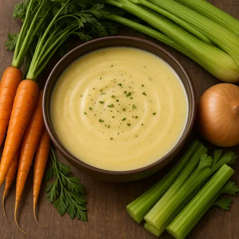 Bowl of Creamy Soup Surrounded by Fresh Vegetables