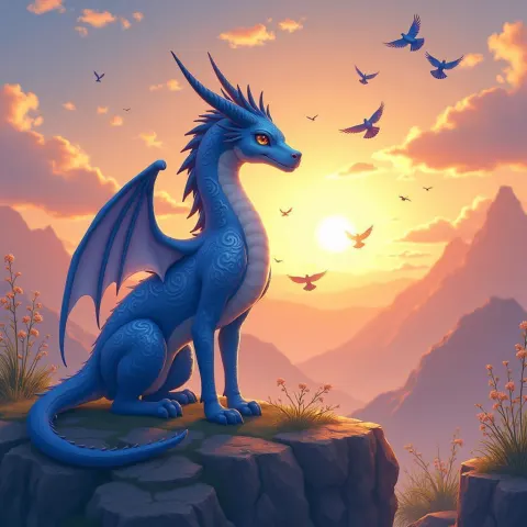Blue Mythical Creature Among Sunset Birdsong
