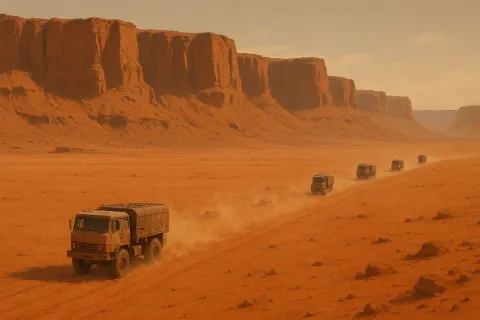 Sparse Convoy of Weathered Trucks Kicks Up Dust Trails