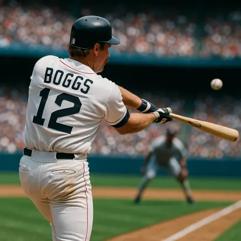 Baseball Player Wearing a "Boggs 12" Jersey Swings a Bat