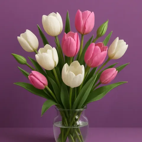 Glass Vase Filled with White and Pink Tulips and Buds