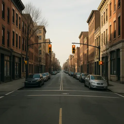 Quiet Urban Street Lined with Buildings on Both Sides