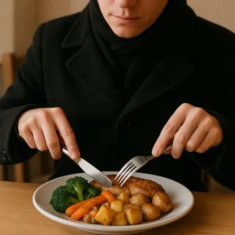 Person Wearing a Black Coat and Scarf Is Seated Indoors