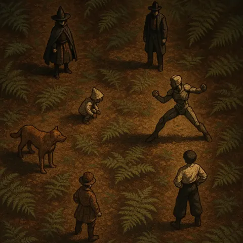 Five Diminutive Human Figures—one in Distinctively Styled Attire