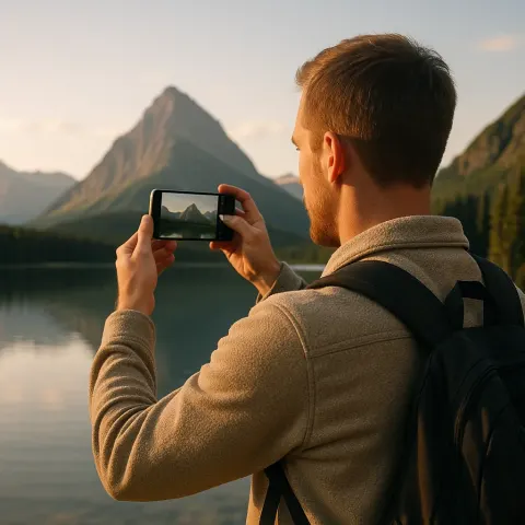 Man of Caucasian Ethnicity Using His Smartphone to Photograph Picturesque