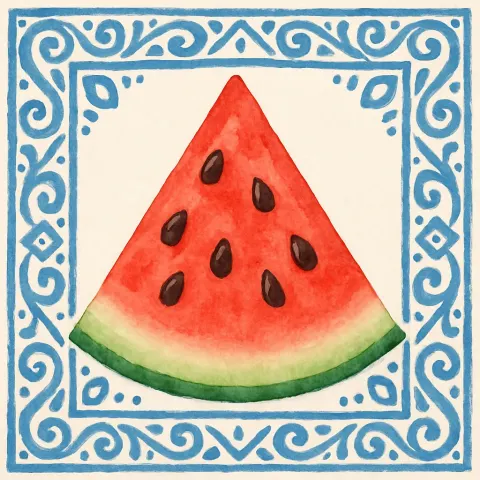 Triangular Slice of Watermelon with Seeds and a Green Rind
