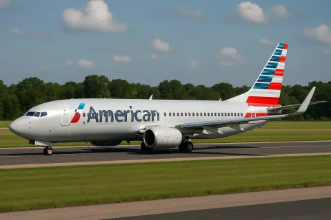 American Airlines Jet Taxiing on an Airport Runway Surrounded